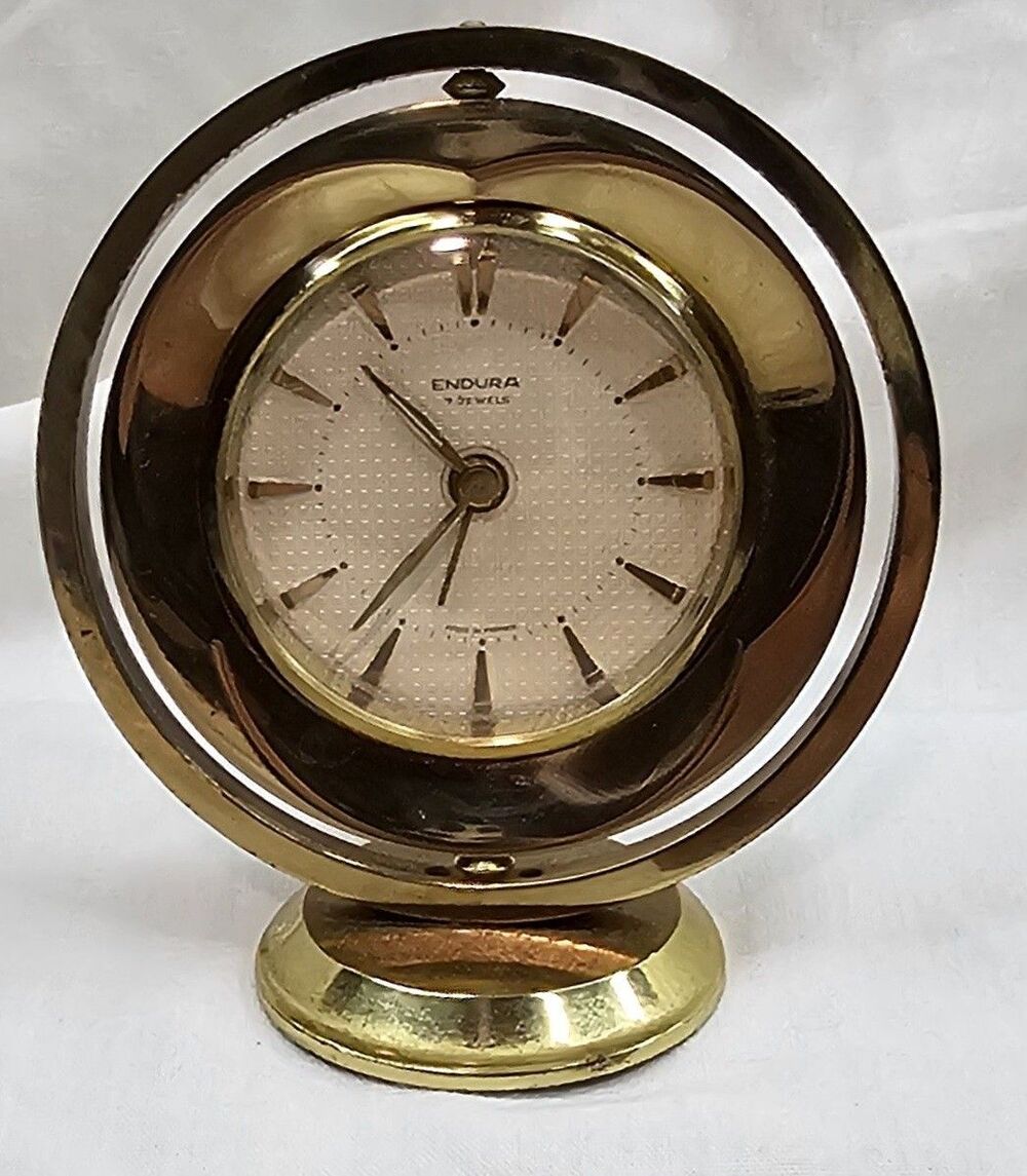 Vtg Endura Swiss Desk Clock Brass Elliptical Frame Mid-Century Elegance France